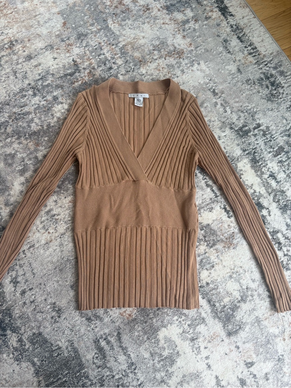 CAbi Ribbed V-Neck Sweater in Camel Brown